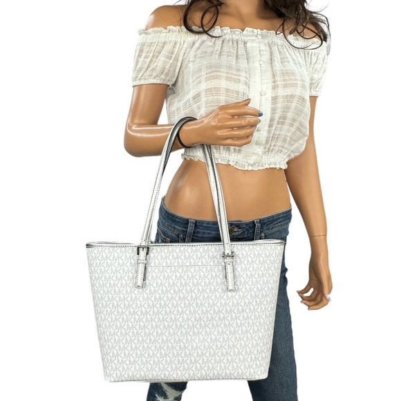 Michael Kors Jet Set Girl Medium Carryall Shoulder Tote Bag MK Bright White - Picture 2 of 7